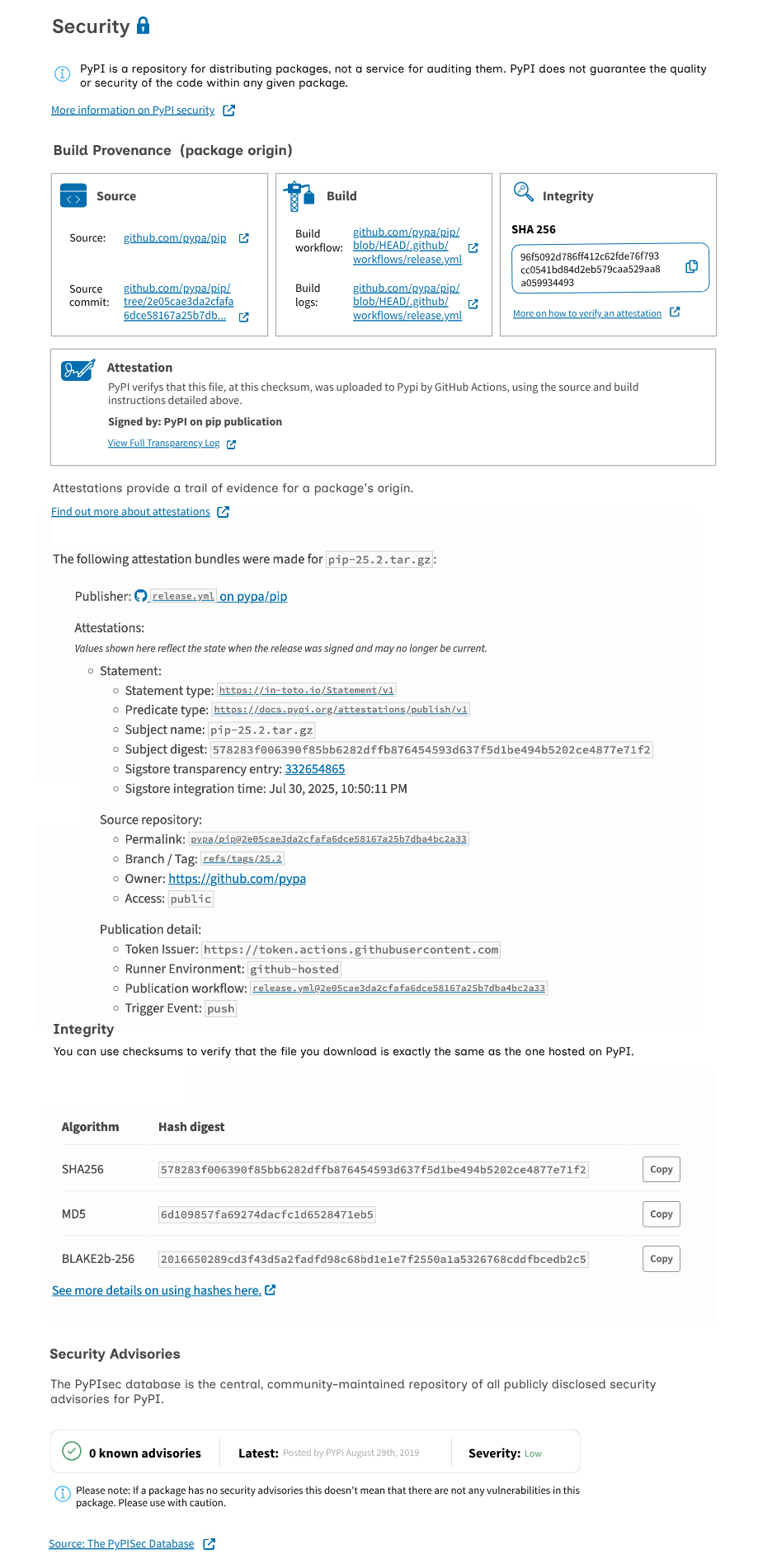 A screenshot of a UI example of the highest level AAA requirements for visualising attestation information along with entire security page content example