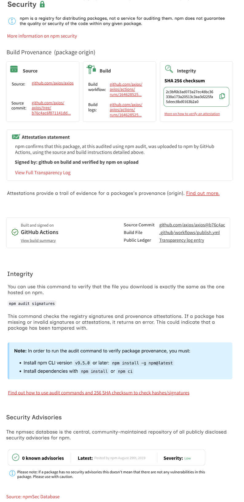A screenshot of a UI example of the highest level AAA requirements for visualising attestation information along with entire security page content example
