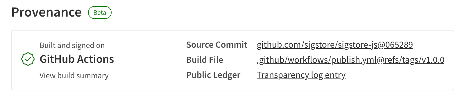 Provenance screenshot from npmjs.com showing the cloud CI/CD system along with links to source code, build instructions, and public ledger